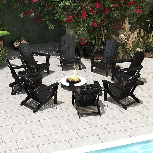 Domi Folding Adirondack Chair Set of 8, HDPE All-Weather Adirondack Chairs with Cup Holder, Outdoor Plastic Fire Pit Chairs Wood Texture for Poolside, Patio, Backyard, Deck (Black)