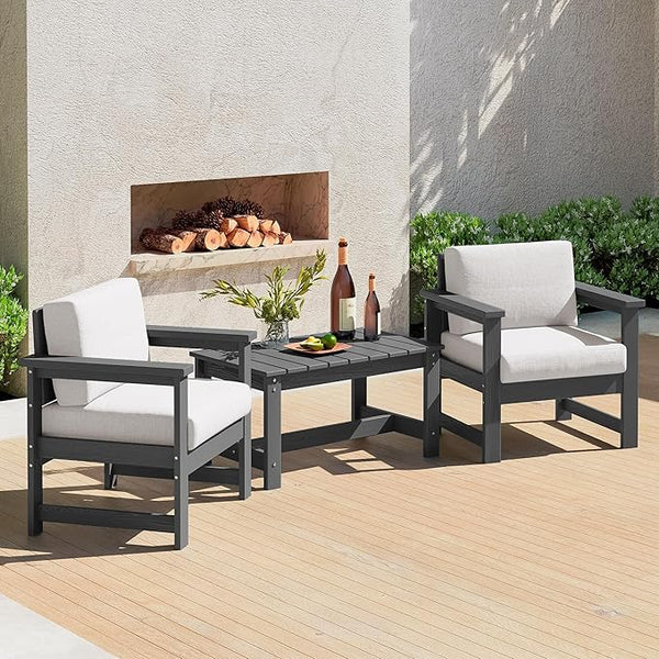 SERWALL 3 Pieces HDPE Outdoor Sofa Bistro Set with Cushions, Outdoor Furniture Sofa Sets with Coffee Table and Cushions - Photo 1