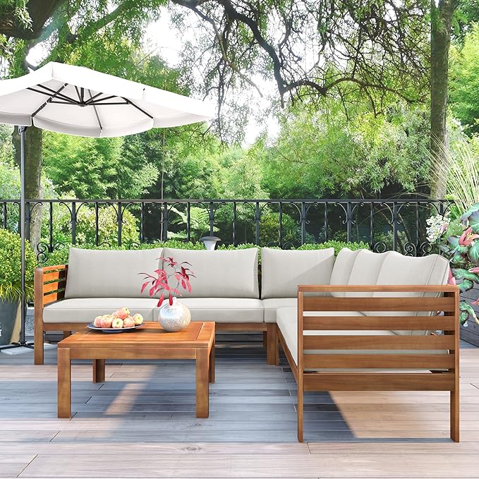 Quarte 4 Piece Outdoor Patio Conversation Furniture Set, Wood Sectional Sofa Set with Water Resistant Cushions/Coffee Table, Garden Backyard Poolside L Shape Corner Sofa Set…