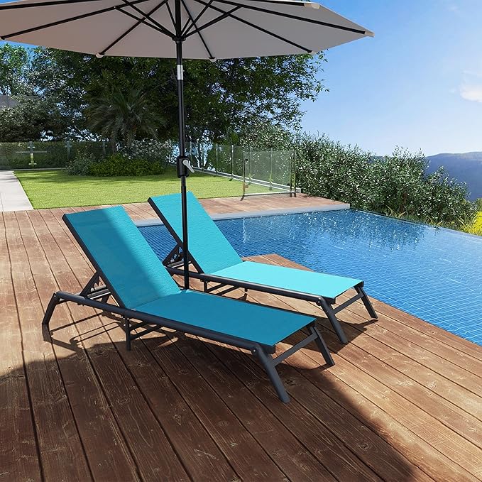 Outdoor Chaise Lounge Chairs Set of 2, No Assembly Required, 5-Position Adjustable Backrest, Foldable Lightweight Patio Lounge for Poolside, Deck, Lawn & Beach, Blue