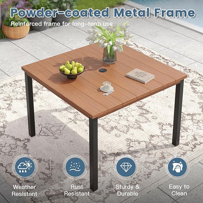 DIFY 40.2" Square Outdoor Dining Table for 4, Slatted Metal Patio Table with Adjustable Umbrella Hole, All-Weather Patio Dining Table for Garden Backyard Deck, Walnut Tabletop