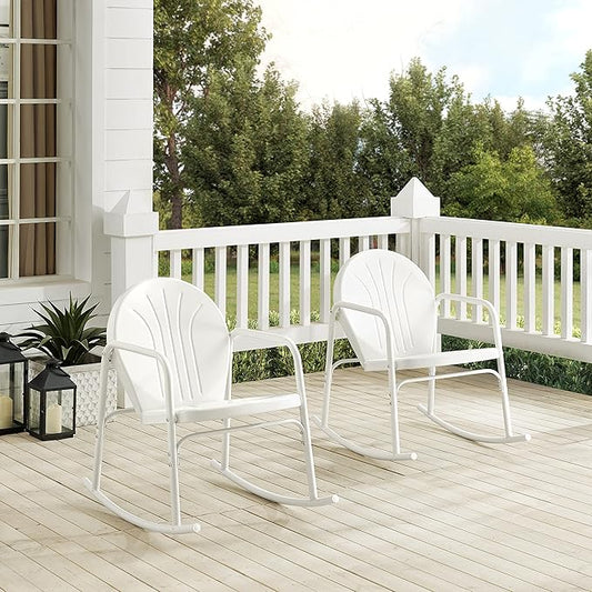 Crosley Furniture Griffith Retro Metal Outdoor Rocking Chairs, Set of 2, for Porch, Deck, Balcony, Backyard, White Gloss