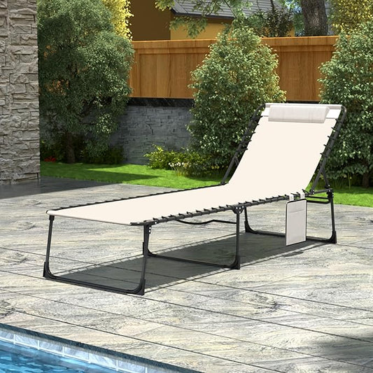 BlueWish Patio Chaise Lounge Chair, Lounge Chairs for Outside with 5 Position Reclining Backrest, Removable Pillow, 265 lbs Capacity, Folding Lounge Chair for Beach, Patio, Poolside