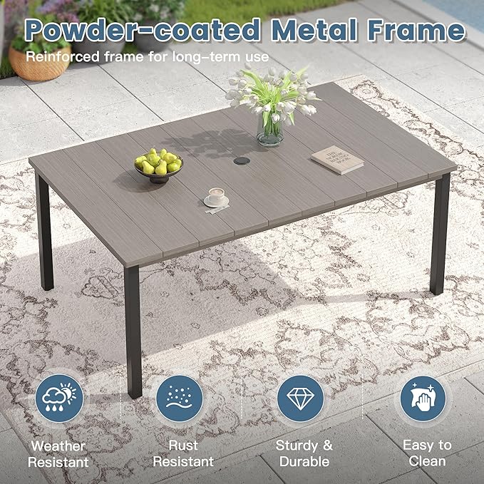 DIFY 63" Rectangle Outdoor Dining Table for 6, Slatted Metal Patio Table with Adjustable Umbrella Hole, All-Weather Patio Dining Table for Garden Backyard Deck, Grey Wood-Like Tabletop