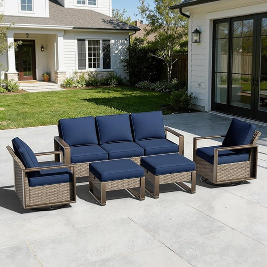 5 Pieces Metal Wicker Patio Furniture Set with 75" Sofa, Two Swivel Chairs and Two Ottomans, All Weather Rattan Outdoor Conversation Furniture with Washable Cushions for Porch, Dark Blue