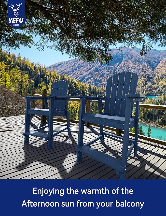 YEFU Tall Adirondack Chair Set of 2, Balcony Chair with Connecting Table, Poly Lumber Adirondack Chair, Patio Bar Stools, 380lbs, Weather Resistant for Outdoor Deck Lawn Pool-Navy Blue