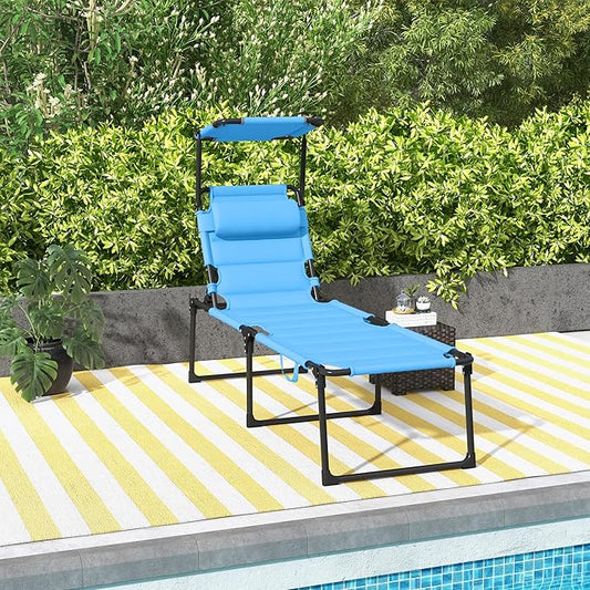3-in-1 Oversized Sun Tanning Chair with Mat & Face Hole, Heavy Duty Folding Chaise Lounge - 5-Position Adjustable Outdoor Chair for Beach, Pool, Patio, Lawn, Yard - Includes Pillow (Light Blue)