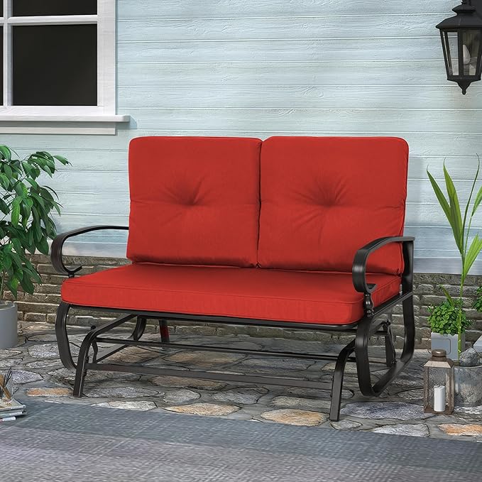Crownland Outdoor Patio Glider Chair, Rocking Glider Bench for 2 Person, Porch Furniture Loveseat Seating, Wrought Iron Patio Textilene Gliders for Outside, Porch, Garden(Classic Red)