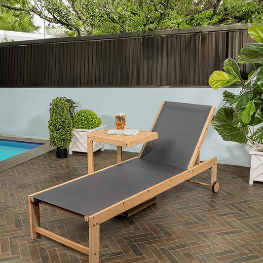 JONATHAN Y LNG1100B-2SET Trabuco Coastal Modern Acacia Wood Mesh 3-Position Outdoor Chaise Lounge Set with Side Table Transitional, Classic, Minimalist, Traditional, Contemporary, Dark Gray/Light Teak