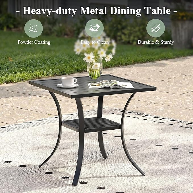 Outdoor Dining Table with Storage Shelf, 27.5" All-Weather Square Patio Dining Table for 2, Metal Patio Table for Garden Lawn Porch Deck Yard, Black