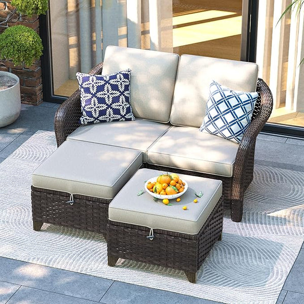 3 Pieces Patio sectional Sofa Set, Outdoor Conversation Furniture Set, 55" Patio Couch with 2 Ottomans - Photo 1