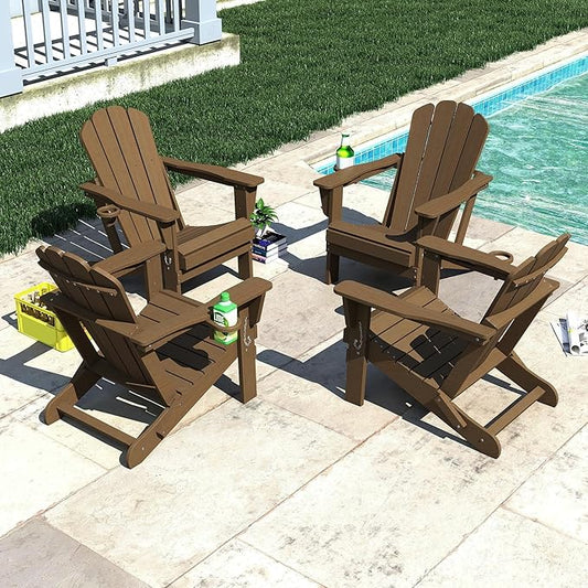 Domi Folding Adirondack Chair Set of 4, HDPE All-Weather Adirondack Chairs with Cup Holder, Outdoor Plastic Fire Pit Chairs Wood Texture for Poolside, Patio, Backyard, Deck (Khaki)
