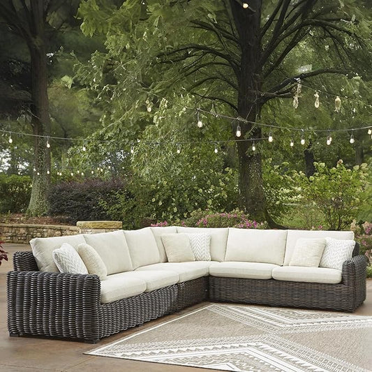Signature Design by Ashley Kimora Right-Arm Facing Contemporary 4-Piece Outdoor Sectional with Cushion and 6 Throw Pillows, White