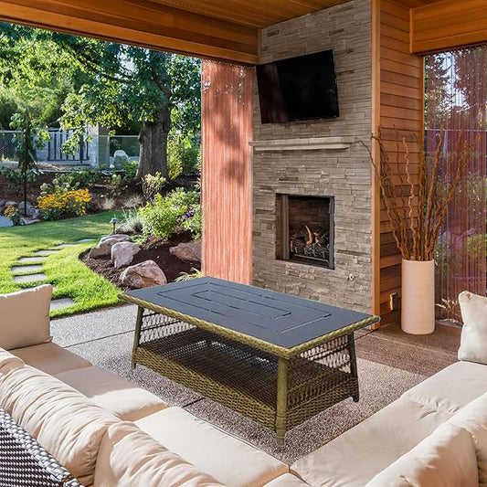 Four Seasons Courtyard Positano 40" x 26" Rectangular All-Weather Outdoor Open Weave Wicker Coffee Table with Decorative Top and Bottom Shelf, Brown
