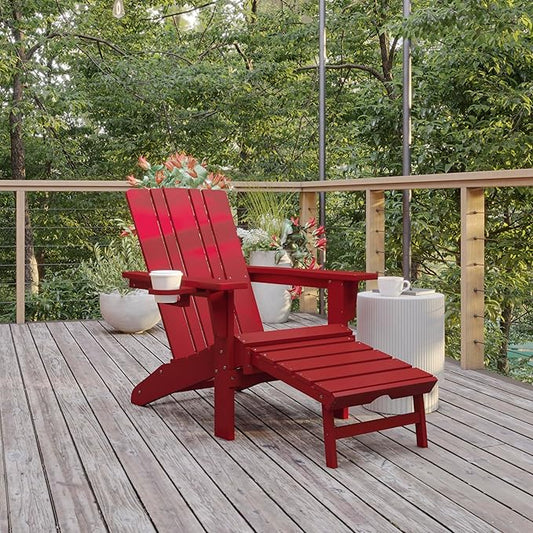 Flash Furniture Halifax Poly Resin Adirondack Chair with Cup Holder and Pull Out Ottoman, All-Weather Poly Resin Indoor/Outdoor Lounge Chair, Red