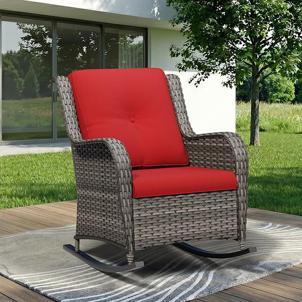 Outdoor Rocking Chair, Wicker Patio Chair with Thickened Olefin Cushions, High Back and Deep Seating - Photo 1