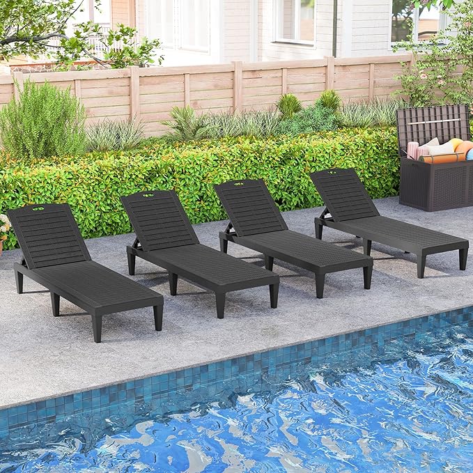 Tangkula Lounge Chair Outdoor Set of 2, Patio PP Pool Lounge Chairs with 5-Position Adjustable Backrests, Easy Assembly, Recliner Chaise Lounger for Poolside, Deck, Backyard, Porch (Black)