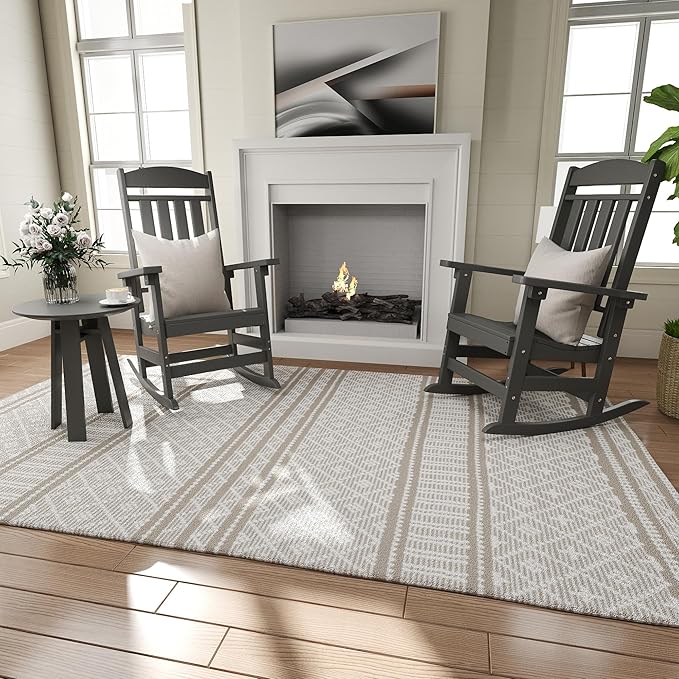 Outdoor Rocking Chairs Set of 8, Oversized High Back Patio Rocking Chairs, All Weather Porch Rocking Chairs for Outside. Dark Grey