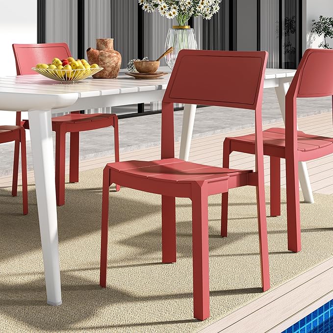 VECELO 4 Pack Stackable Dining Chairs, Plastic Patio Chairs for Indoor Outdoor Use in Kitchen, Poolside, No Assembly, Modern Red
