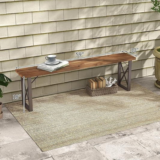 Tangkula 2 Pack Acacia Wood Outdoor Bench, 59 Inches Patio Bench with Metal Frame, 800 LBS Max Load, Backless Patio Benches for Outdoors, Porch, Garden Backyard, Park