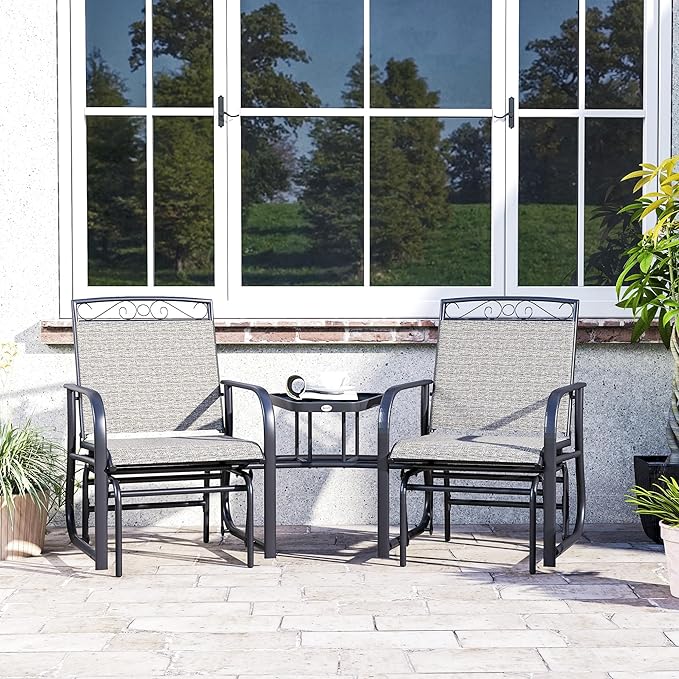 Outsunny Outdoor Glider Chairs with Coffee Table, Patio 2-Seat Rocking Chair Swing with Breathable Sling for Backyard, Garden and Porch, Gray