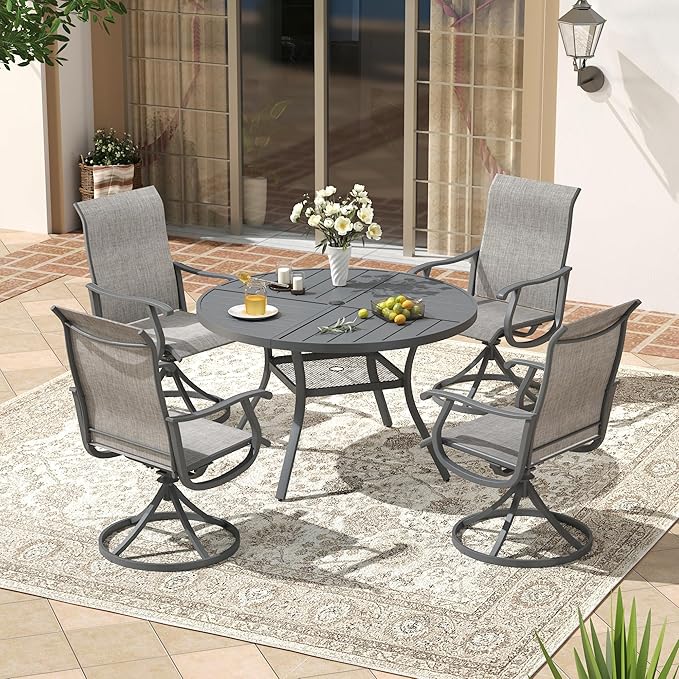 VICLLAX 40.6" Round Patio Dining Table for 4, All Weather Metal Outdoor Table with 1.57" Umbrella Hole and Storage Shelf for Garden Lawn Deck, Dark Grey