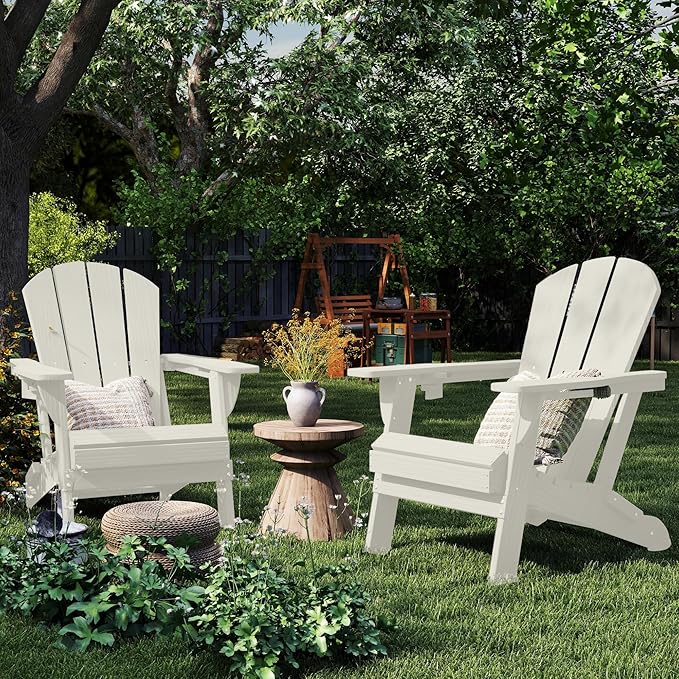 Foldable Adirondack Chair with Cup Holder-Heavy Duty Recycled HDPE Outdoor Patio Furniture, Weather Resistant Deck Lawn Fire Pit Chair (White, 4 Chair)
