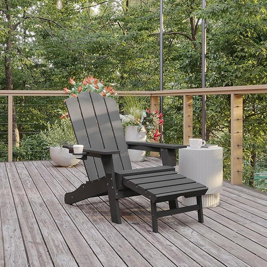 Flash Furniture Newport Poly Resin Adirondack Chair with Cup Holder and Pull Out Ottoman, All-Weather Poly Resin Indoor/Outdoor Lounge Chair, Gray