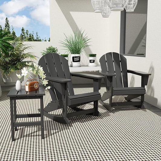 WO WESTIN OUTDOOR HDPE Laguna Outdoor Rocking Poly Adirondack Chair with Side Table 3-Piece Set, Gray