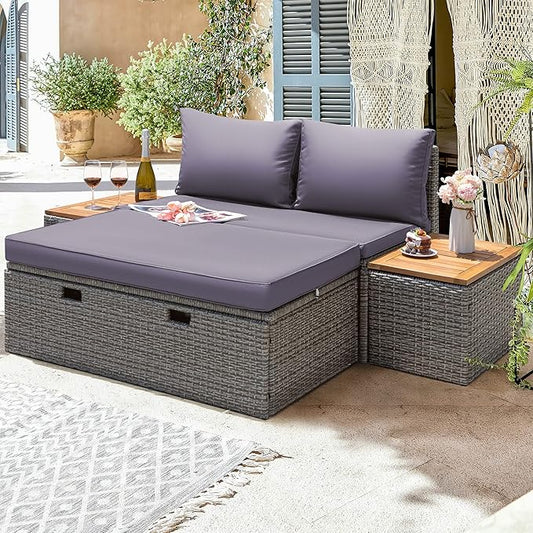 Greesum Patio Furniture Set Multifunctional Outdoor Sectional Sofa Rattan Chaise Lounge Wicker Daybed with Couch, Cushions, Storage Ottoman and 2 Side Tables for Backyard Porch Poolside Lawn, Gray