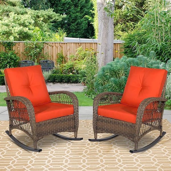 Outdoor Wicker Rocking Chair with Thickened Cushions, All-Weather Rattan Patio Rocking Chairs - Photo 1
