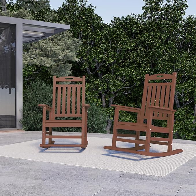 PLUUV Outdoor Rocking Chair, HDPE Patio Rocking Chairs with Footboard, All Weather Porch Rockers Outdoor for Adult, Effortless Installation, Coffee