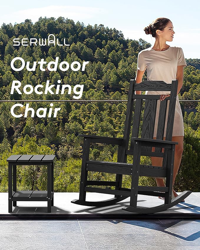 SERWALL Black Outdoor Rocking Chair Set of 2, All Weather Patio Rocking Chair, HDPE Poly Rocking Chair for Adults, Heavy Duty Front Porch Rocker