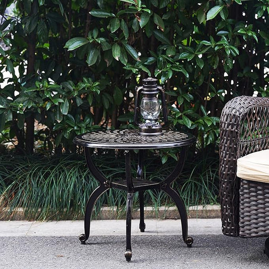 Mandolin Outdoor Patio,Rust -Resistant Cast Aluminum Side Table,Weather Resistant End Table,Coffee Table, Perfect for Patio, Backyard Or Garden. (Aluminum Round, Copper)