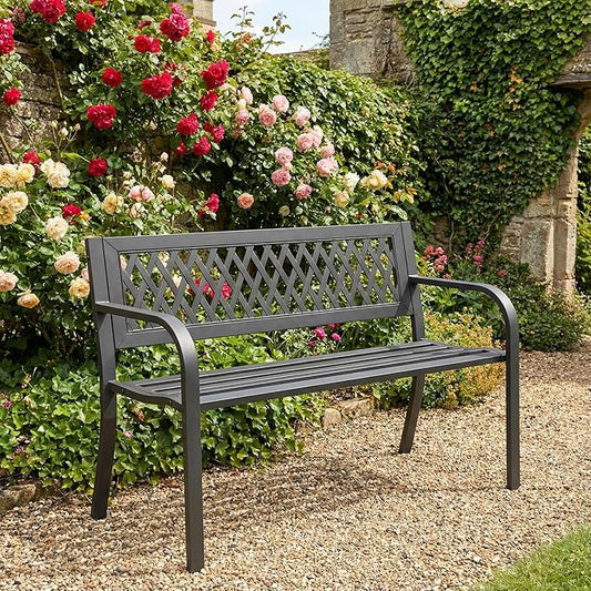 Outdoor Garden Bench, Weatherproof Metal Park Bench for Garden Lawn Porch Park Backyard, Sturdy Steel Patio Bench with Ergonomic Backrest for Front Porch Entryway Outside Seating, Black