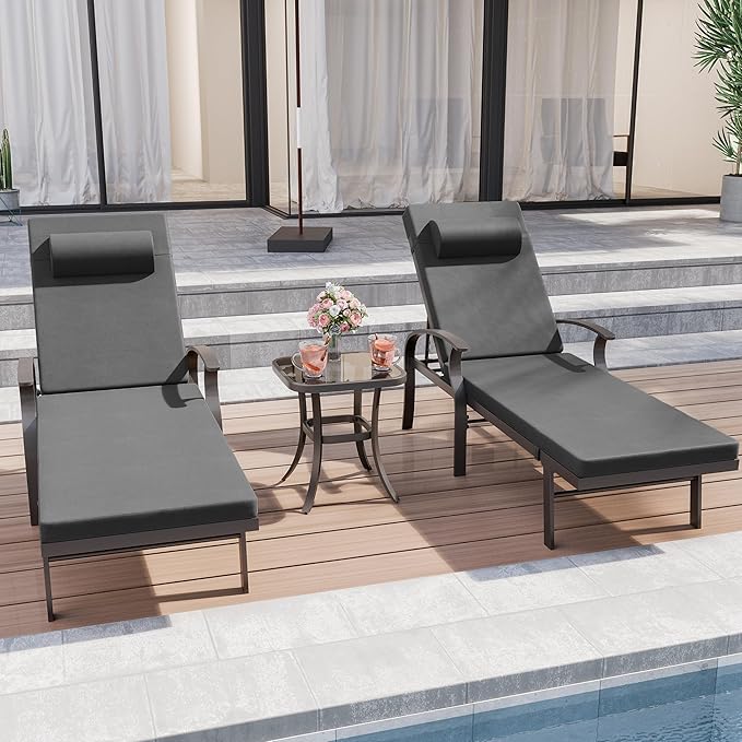 3 Pieces Patio Chaise Lounge Set Aluminum Outdoor Lounge Chair Adjustable Backrest Patio Chaise Lounge Chair Armrest Lounge Chair Set with Side Table for Backyard Porch Beach Lawn Black