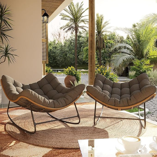 Outdoor Rocking Chair, 2 PCS Indoor Papasan Chairs, Oversized Egg Rocking Chair with Thick Cushion, Rattan Wicker Rocker Lounge Chair for Bedroom, Living Room, Patio, Garden, Porch (Dark Grey)