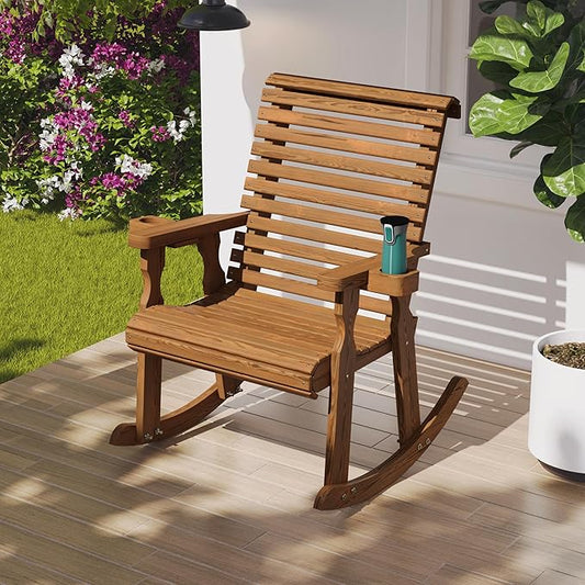 Amish Heavy Duty 600 Lb Roll Back Pressure Treated Rocking Chair with Cupholders (Oak Stain)