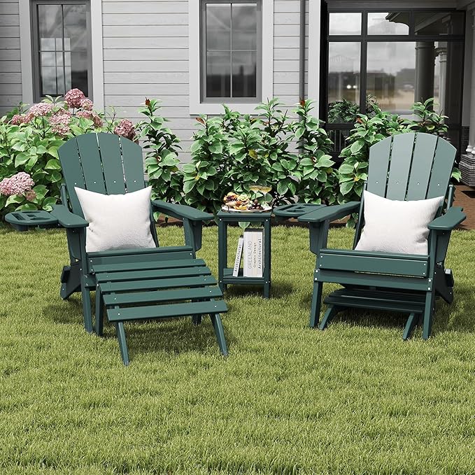 Adirondack Ottoman, Folding Adirondack Ottoman for Adirondack Chair, HDPE All Weather Outdoor Footstool for Patio, Backyard, Porch, Garden, Dark Green