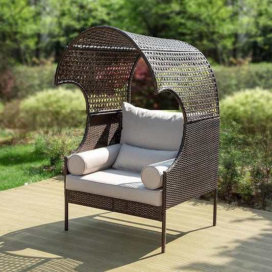MFSTUDIO Outdoor & Indoor Wicker Egg Sofa Chair with Oversized Seat, Detachable Top Canopy, Hight Backrest, Waterproof Cover and Anti-Slip Cushions, 400lbs Capacity, Grey