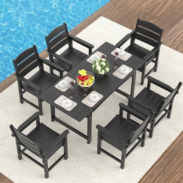 7-Piece HIPS Patio Dining Set, Outdoor Dining Table and Chairs Set with Umbrella Hole - Photo 1