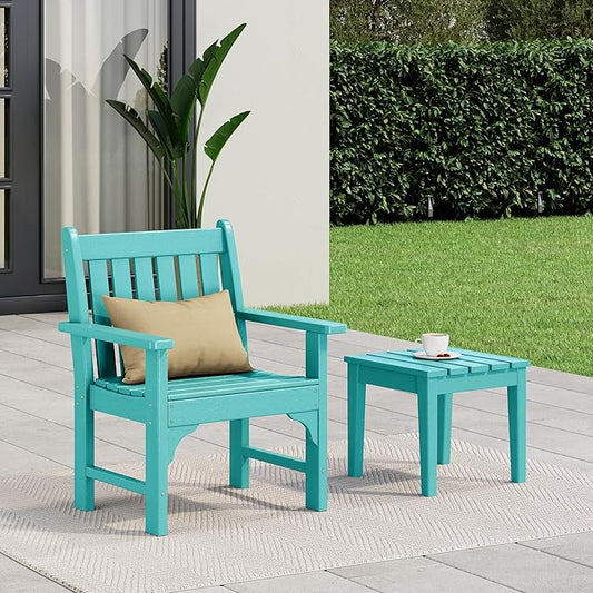 Costaelm Outdoor Patio Table and Chairs Set of 2, 2-Piece HDPE Garden Chair with Square Adirondack Side Table Set, Porch Chairs Coffee Table for Outside Porch Backyard, Turquoise