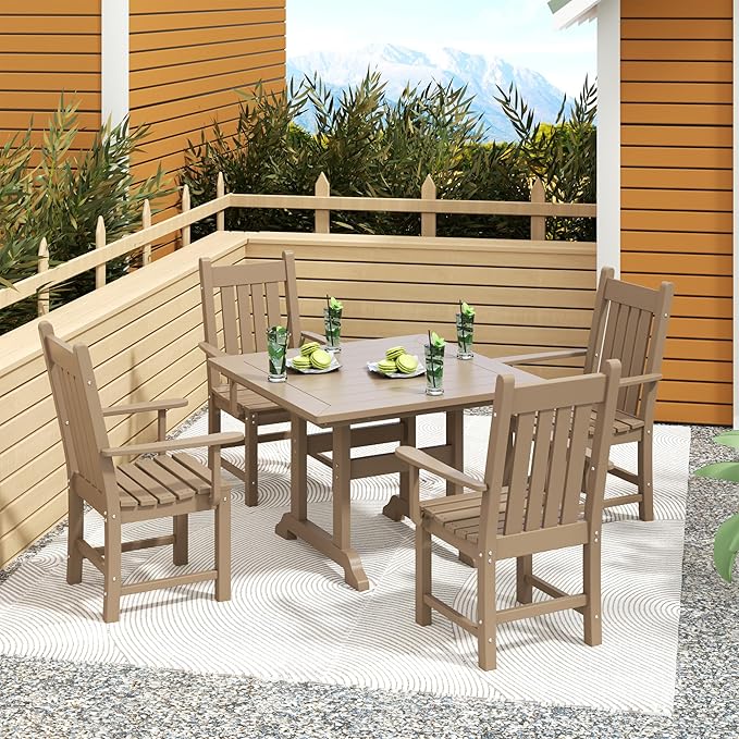 Costaelm Patio Dining Chairs, Plastic Outdoor Adirondack Chair with Arm, HDPE Poly Lumber, Waterproof Restaurant Bistro Dining Chair for Outside Porch Backyard Garden, Weathered Wood