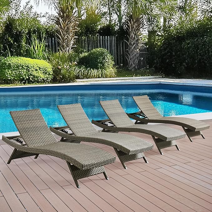 Patio Chaise Lounges, 79’’ Long Reclining Chairs with 5-Position Adjustable Backrest, PE Rattan Lounge Chair, Set of 2 with Cushions for Sunbathing Poolside Garden Backyard, Gray