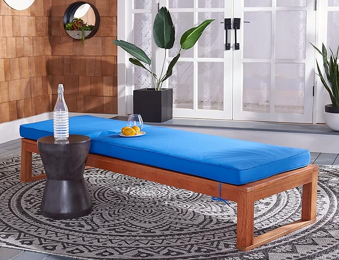 SAFAVIEH Outdoor Collection Solano Natural Brown Solid Wood/Royal Blue Cushion Patio Adjustable Chaise Lounge Chair (PAT7024K)