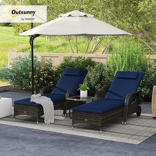 Outsunny Wicker Outdoor Chaise Lounge Set of 2, 5-Level Adjustable Backrest PE Rattan Pool Lounge Chair with Wheels, Cushion & Headrest, Mixed Brown and Dark Blue