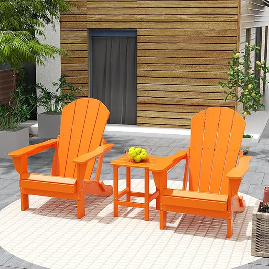 Costaelm 3 piece Patio Set, Outdoor Modern Adirondack Table and Chairs, All Weather Balcony Furniture Set Lounge Firepit Chairs for Outside Deck Garden Lawn Pool, Orange