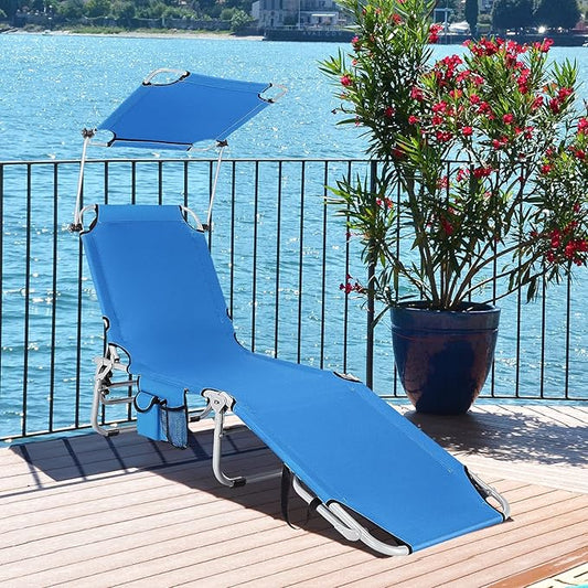 Goplus Tanning Chair, Foldable Beach Lounge Chair with 360°Canopy Sun Shade, Side Pocket, 5-Position Adjustable Outdoor Chaise Lounge Chair for Patio Pool Yard Lawn (2, Blue)