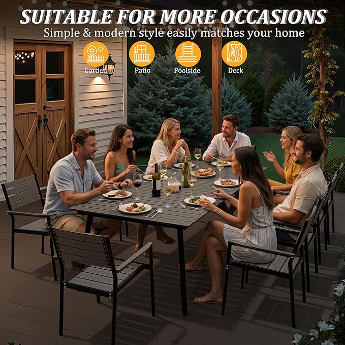 95" Patio Outdoor Dining Table for 8-10, Weather-Resistant Wood-Grain Top with Aluminum Frame & Umbrella Hole for Deck Gatherings, Dark Grey