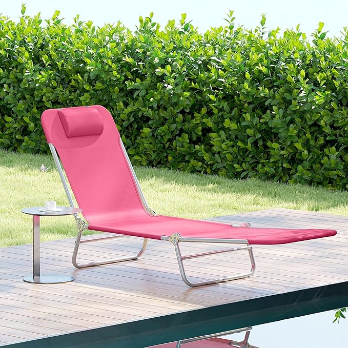 Outsunny Folding Chaise Lounge Chair, Pool Sun Tanning Chair, Outdoor Lounge Chair with Reclining Back, Breathable Mesh Seat, Headrest for Beach, Yard, Patio, Pink